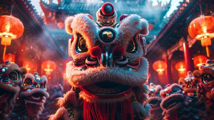 Carnival procession. Lion Dancing: People performing lion dance in bright costumes, against background of colored lanterns and ancient oriental architecture. Chinese New Year celebration traditions.