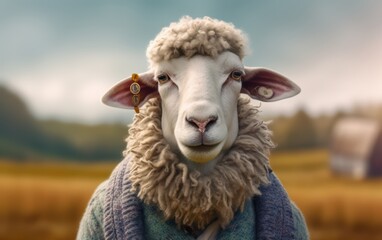 A sheep wearing a knitted sweater