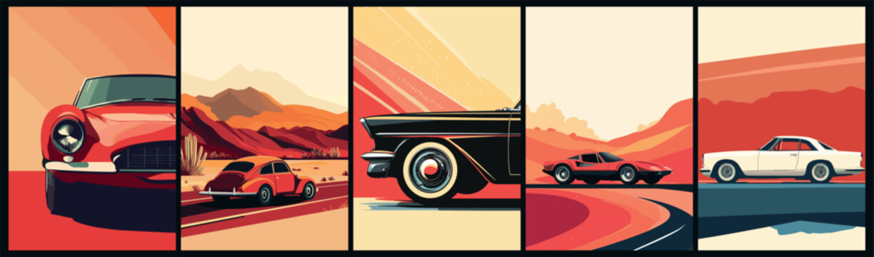 Retro car posters. Old automobile in vintage style, classic sport driving machines, transportation card design vector illustration