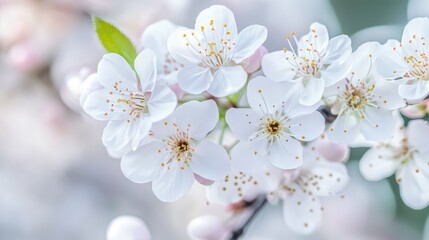 Delicate white cherry blossom flowers in bloom with soft green leaves and blurred background perfect for nature themed designs Copy Space