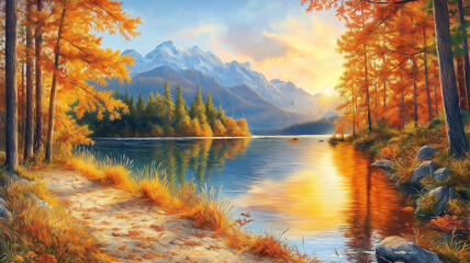 Obraz premium Breathtaking autumn sunset at Hintersee Lake, showcasing nature’s brilliant seasonal hues.
