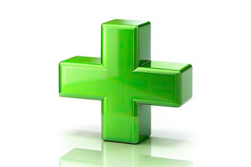 Obraz premium Green Plus Sign Isolated White Background Reflection 3D Rendering Architectural Photography