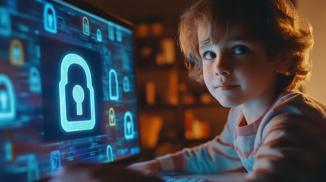 A child using a computer with a glowing padlock HUD overlay, emphasizing the importance of safe internet practices.