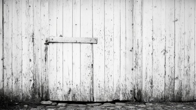 Old weathered wooden barn door with peeling paint and rustic texture in black and white photography with copy space. - Powered by Adobe