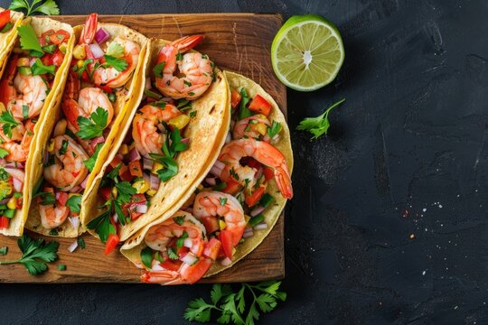 Top view of shrimp tacos with homemade salsa and limes.