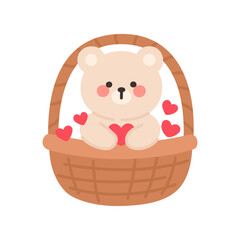 Sweet Bear in a Basket with Hearts