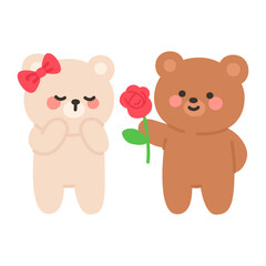 Romantic Bear Offering a Rose to a Shy Blushing Bear