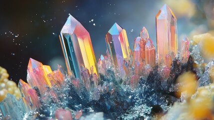 Colorful crystalline formations with sharp edges against a blurred background featuring bokeh effects and copy space available.