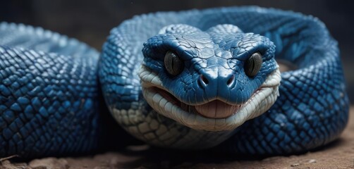 Fototapeta premium Blue viper snake displaying its menacing face, ruthless, territorial, ambush