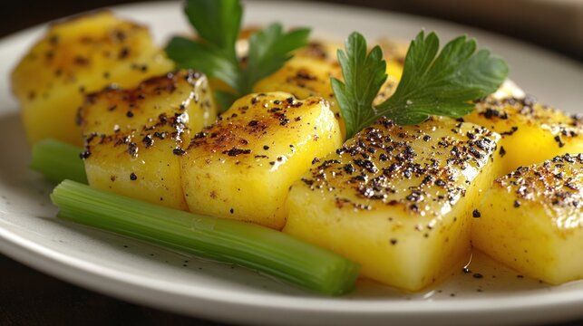 Roasted potato cubes with herbs and seasoning. - Powered by Adobe