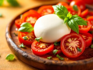 Close-up of sliced tomatoes, mozzarella and basil on wooden plate under soft studio light