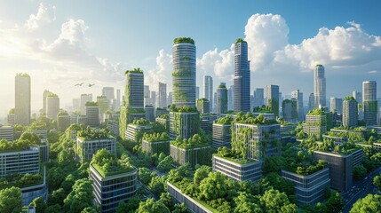 Obraz premium Sustainable Urban Future: Eco-Friendly AI-Powered Cityscape in Natural Tones
