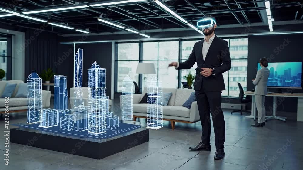 Fototapete professional using virtual reality to visualize urban development concepts in a modern office space