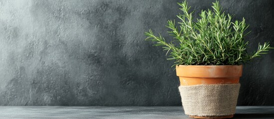 Potted rosemary plant on textured gray background with copy space for text placement