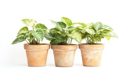 Fototapeta premium Three potted green houseplants with variegated leaves on a white background with Copy Space for text placement