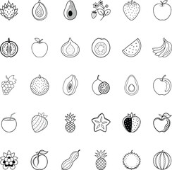 Line Art Fruit Icons Apples, Strawberries, Avocados, and More