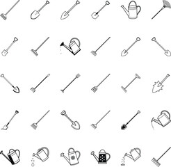 Gardening Tools Collection Shovels, Rakes, Watering Cans, and More