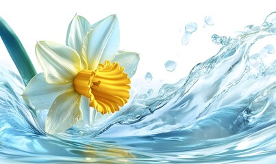 White daffodil splashing in clear water, spring freshness, purity