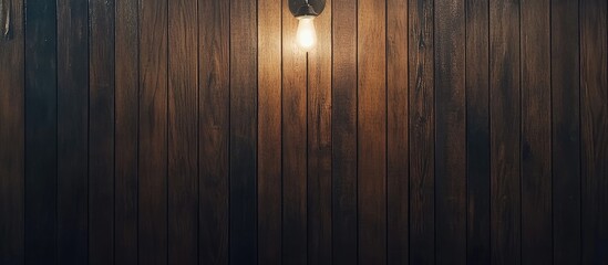Wooden wall with warm light bulb illuminating the surface and ample copy space for text placement