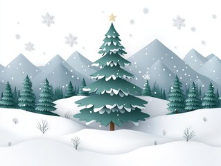 Naklejka premium Elegant winter landscape with snow covered pine trees, frosty atmosphere, and serene mountain backdrop, emphasizing seasonal beauty, peaceful nature, and winter wonder in premium illustration