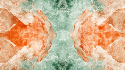 Abstract symmetrical pattern of orange and turquoise fluid shapes resembling marbled water textures...