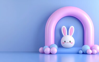 Obraz premium A cute bunny peeks from a colorful balloon arch against a pastel blue background.