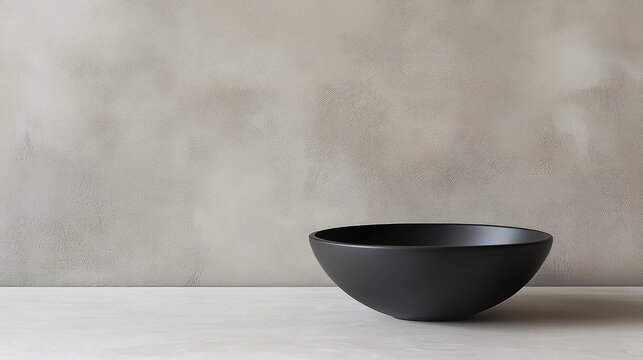 Black ceramic bowl on a light wooden surface against a textured gray wall with Copy Space for text placement.