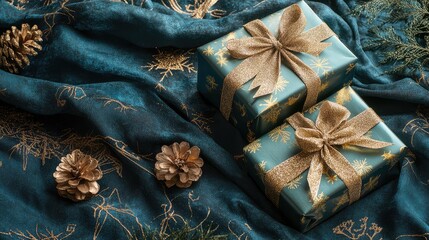 Fototapeta premium Gifts wrapped in blue paper with gold bows on a textured background with pinecones and festive foliage Copy Space