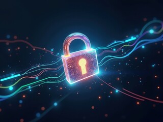 Vibrant digital padlock representing cryptography concepts with flowing data streams in a high-resolution background