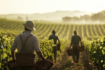 A team of harvest workers gathering grapes in a vineyard early in the morning, illustrating the dedication, tradition, and hard work behind wine production amidst nature's beauty.