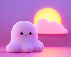 Fototapeta premium A cute, colorful cartoon octopus under a vibrant sunset with soft clouds.
