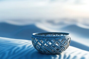 A blue woven basket sits on a textured blue sand dune under a bright sky.
