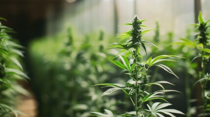 Naklejka premium Cannabis plant in a greenhouse with blurred foliage in the background and natural light; Copy Space available