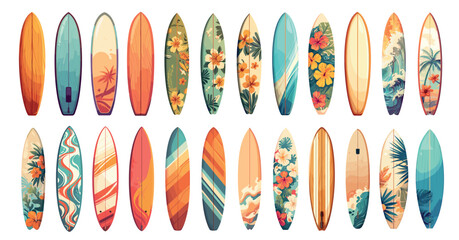 Surfboard designs. Vibrant surfer wood boards with tropical patterns stripes floral decorations, summer beach ocean sports equipment set vector illustration