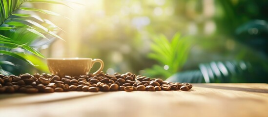Fototapeta premium Freshly Roasted Coffee Beans on Wooden Surface with Backlit Cup of Coffee Surrounded by Lush Greenery in Cozy Cafe Atmosphere with Empty Copy Space