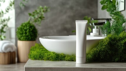Minimalist bathroom scene with white cosmetic tube on stone countertop surrounded by greenery and bowl in soft natural light Copy Space