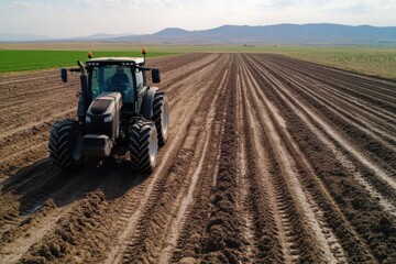 Obraz premium A powerful tractor navigates over freshly tilled soil in a large agricultural field, symbolizing farming's strength, technological advancements, and commitment to land cultivation.