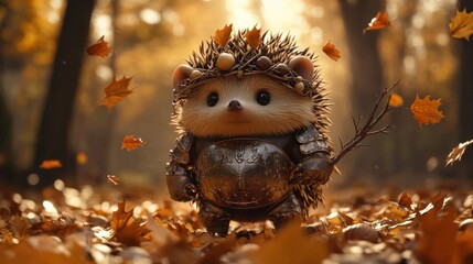 Obraz premium Adorable and fluffy hedgehog nestled among fallen autumn leaves on the forest floor surrounded by the warm and serene natural environment of a wooded landscape