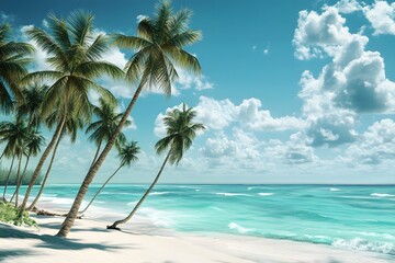 A serene tropical beach landscape featuring a sailboat gently bobbing on the clear blue sea, framed by lush palm trees swaying in the warm breeze, ideal for summer vacation vibes.
