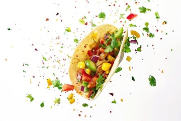 Chopped toppings flying out of a Mexican taco isolated on a white background