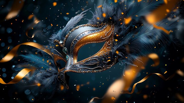 Elegant masquerade mask, celebration, party,  festive ribbons, bokeh background; event invitation
