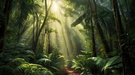 Fototapeta premium paisaje de jungla con rayos de sol