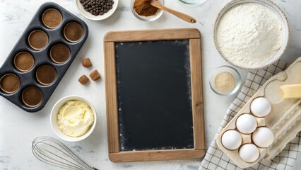 Chalkboard recipe board with baking items displayed in a modern and minimalist way, recipe, kitchen decor, sleek surfaces
