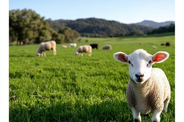 A delightful scene of playful lambs frolicking on a lush green pasture under a bright blue sky illustrates the playfulness and vitality of rural life.