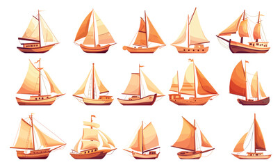 Wooden ships. Cartoon old sailboats, yacht sailing vessel boats, marine sea transport vector illustration