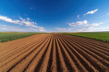 A stunning view of perfectly lined agricultural fields under a bright blue sky with fluffy clouds, showcasing the beauty of rural farming landscapes and crop cultivation.