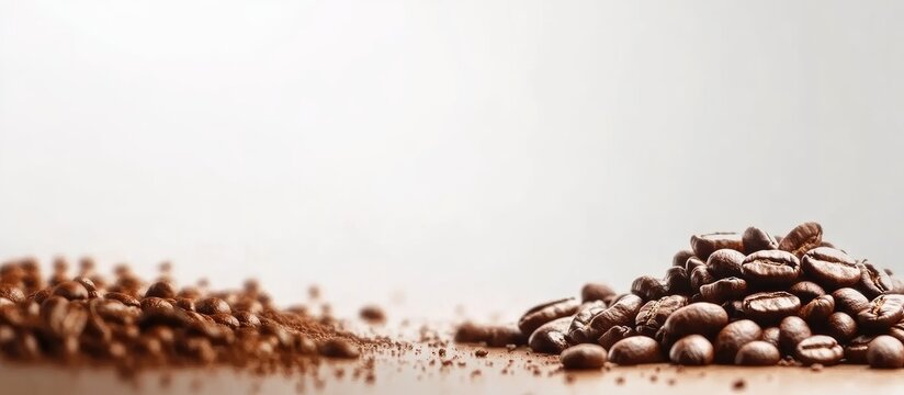 Elegant Arrangement of Freshly Roasted Espresso Coffee Beans in Rich Brown Tones Spilling from a White Cup on Light Gray Background with Empty Space for Text - Powered by Adobe