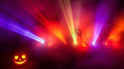 Spooky Halloween scene with carved pumpkins illuminated by colorful lights and fog.