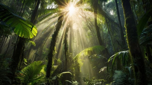 paisaje de jungla con rayos de sol