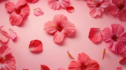 Obraz premium Pink hibiscus flowers and petals on a pink background with copy space for text